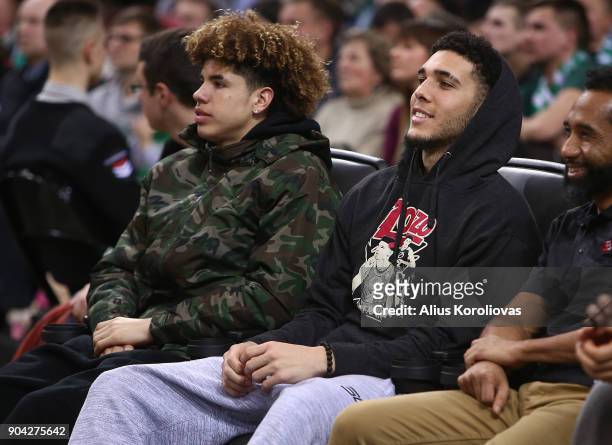 LaMelo Ball and LiAngelo Ball in action during the 2017/2018 Turkish Airlines EuroLeague Regular Season Round 17 game between Zalgiris Kaunas and...