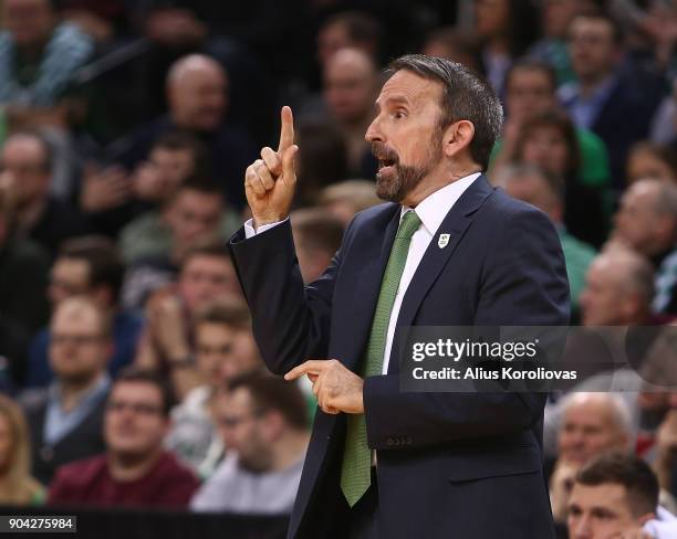 Joan Plaza, Head Coach of Unicaja Malaga in action during the 2017/2018 Turkish Airlines EuroLeague Regular Season Round 17 game between Zalgiris...