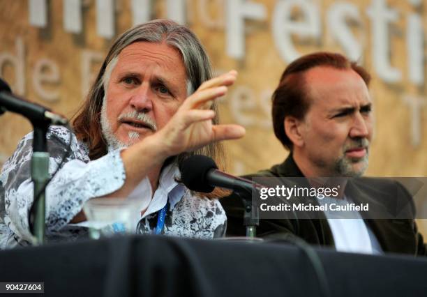 George Gittoes and actor Nicolas Cage speak at the panel at the Labor Day picnic during the 36th Telluride Film Festival on September 7, 2009 in...