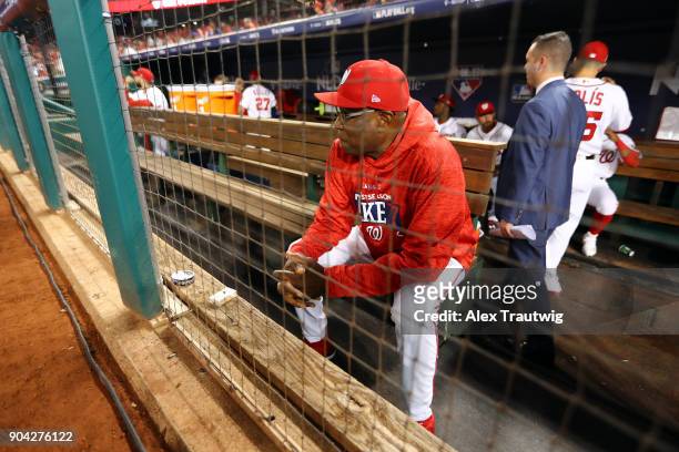 Manager Dusty Baker of the Washington Nationals looks on during batting practice prior to Game 1 of the National League Division Series against the...