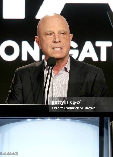 Starz CEO Chris Albrecht speaks onstage during the Starz portion of the 2018 Winter Television Critics Association Press Tour at The Langham...