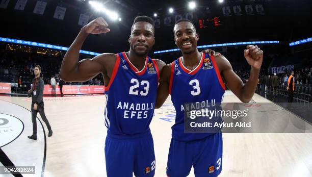Toney Douglas, #23 of Anadolu Efes Istanbul and Errick McCollum, #3 of Anadolu Efes Istanbul celebrate victory during the 2017/2018 Turkish Airlines...