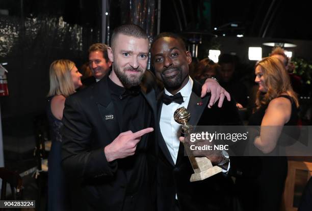 75th ANNUAL GOLDEN GLOBE AWARDS -- Pictured: Justin Timberlake, Sterling K. Brown, "This Is Us" at NBC and USA Network's Post-Golden Globe Awards...