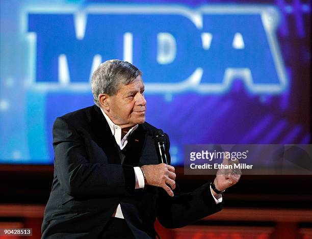 Entertainer Jerry Lewis gives a thumbs up to his band at the end of the 44th annual Labor Day Telethon to benefit the Muscular Dystrophy Association...