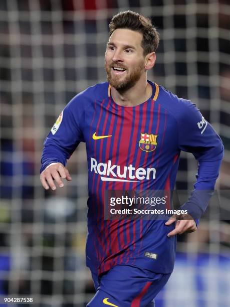 Lionel Messi of FC Barcelona celebrates 2-0 during the Spanish Copa del Rey match between FC Barcelona v Celta de Vigo at the Camp Nou on January 11,...
