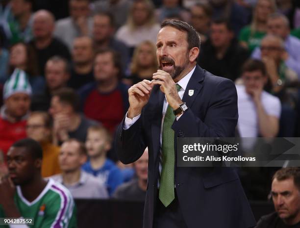 Joan Plaza, Head Coach of Unicaja Malaga in action during the 2017/2018 Turkish Airlines EuroLeague Regular Season Round 17 game between Zalgiris...