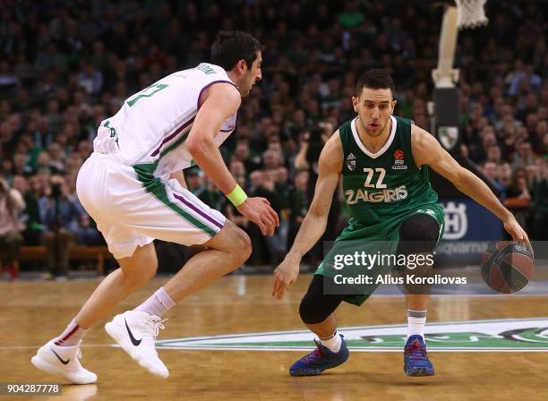 Vasilije Micic, #22 of Zalgiris Kaunas in action during the 2017/2018 Turkish Airlines EuroLeague Regular Season Round 17 game between Zalgiris...