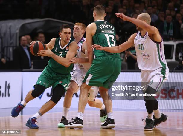 Vasilije Micic, #22 of Zalgiris Kaunas in action during the 2017/2018 Turkish Airlines EuroLeague Regular Season Round 17 game between Zalgiris...