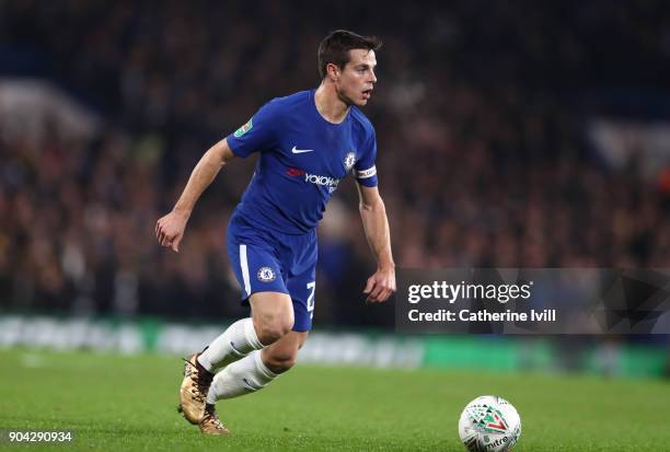 Cesar Azpilicueta of Chelsea during the Carabao Cup Semi-Final First Leg match between Chelsea and Arsenal at Stamford Bridge on January 10, 2018 in...