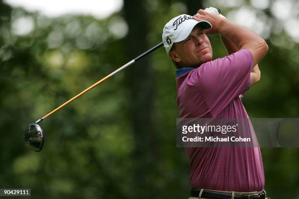 Steve Stricker hits his drive on the ninth hole during the final round of the Deutsche Bank Championship at TPC Boston held on September 7, 2009 in...