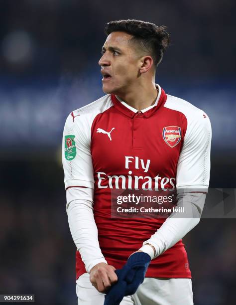 Alexis Sanchez of Arsenal during the Carabao Cup Semi-Final First Leg match between Chelsea and Arsenal at Stamford Bridge on January 10, 2018 in...