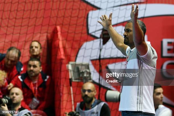 France's head coach Didier Dinart gestures during the preliminary round group B match of the Men's 2018 EHF European Handball Championship between...