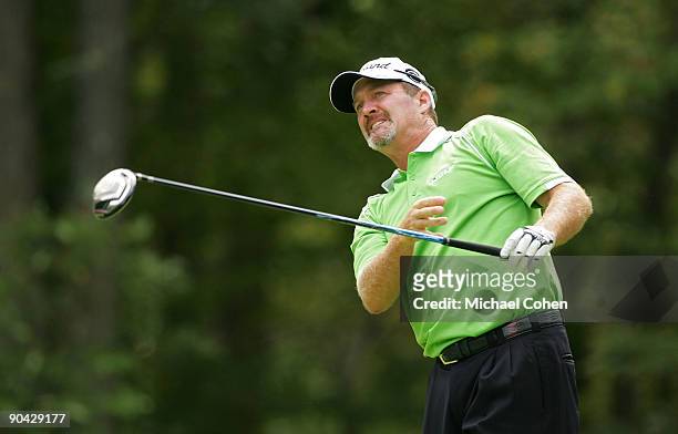 Jerry Kelly reacts to his errant drive on the second hole during the final round of the Deutsche Bank Championship at TPC Boston held on September 7,...