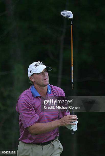 Steve Stricker watches his drive on the 15th hole during the final round of the Deutsche Bank Championship at TPC Boston held on September 7, 2009 in...