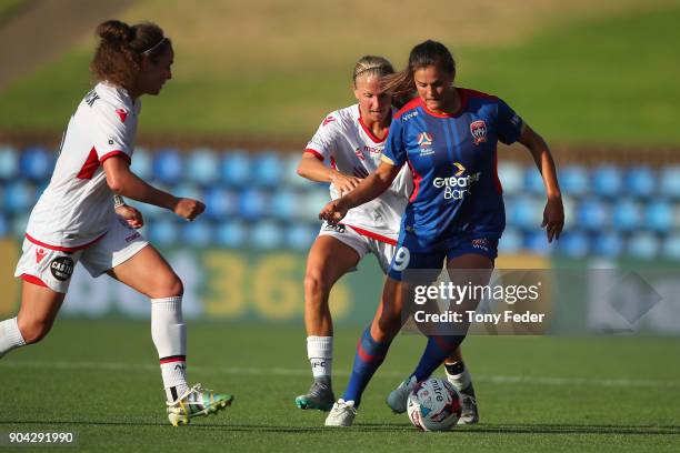 Katherine Stengel of the Jets controls the ball during the round 11 W-League match between the Newcastle Jets and Adelaide United at McDonald Jones...