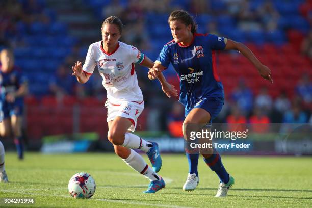 Katherine Stengel of the Jets controls the ball during the round 11 W-League match between the Newcastle Jets and Adelaide United at McDonald Jones...
