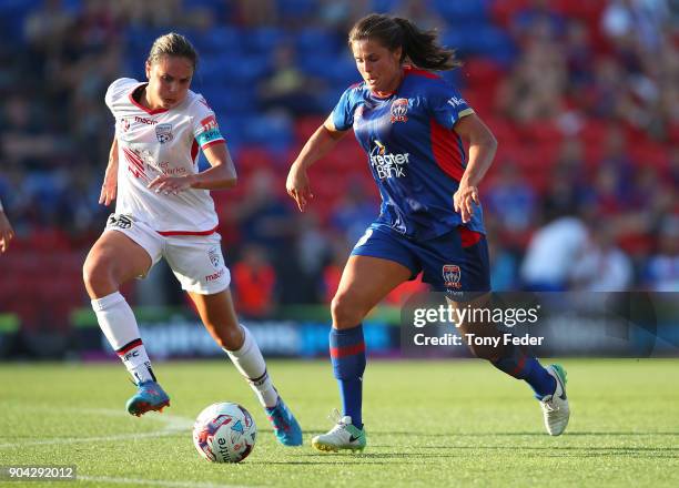 Katherine Stengel of the Jets controls the ball during the round 11 W-League match between the Newcastle Jets and Adelaide United at McDonald Jones...