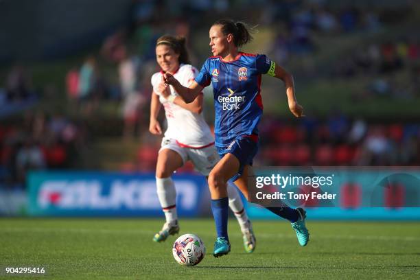 Emily Van Egmond of the Jets controls the ball during the round 11 W-League match between the Newcastle Jets and Adelaide United at McDonald Jones...