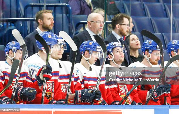 Members of the Czech Republic coaching staff during the first period of play against Finland in the IIHF World Junior Championships Quarterfinal game...