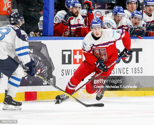 Martin Necas of Czech Republic skates the puck against Finland during the third period of play in the IIHF World Junior Championships Quarterfinal...