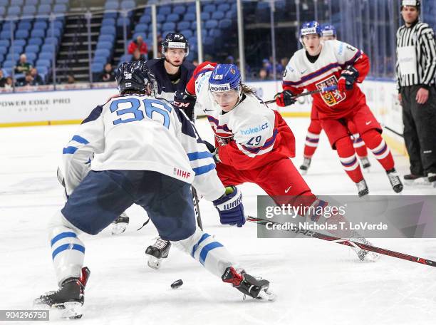 Albert Michnac of Czech Republic skates against Kasper Kotkansalo of Finland during the third period of play in the IIHF World Junior Championships...