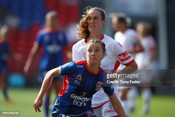 Clare Wheeler of the Jets with eyes on the ball during the round 11 W-League match between the Newcastle Jets and Adelaide United at McDonald Jones...