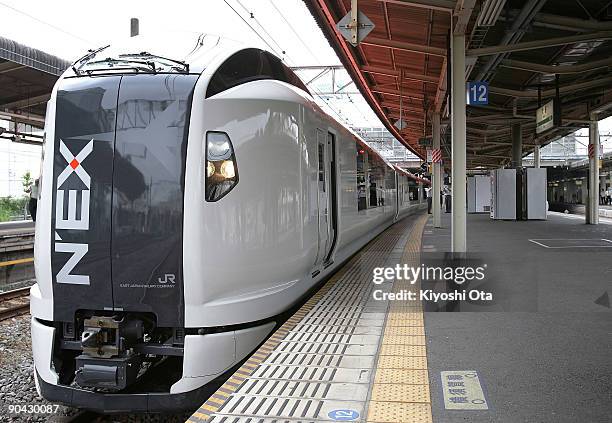 The new Narita Express E259 series train stands at the platform of Ofuna Station during a press viewing on September 8, 2009 in Kamakura, Kanagawa,...