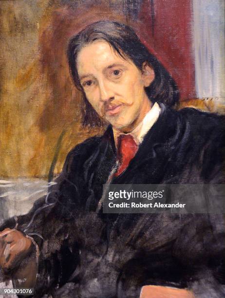 Nineteenth century portrait of author Robert Louis Stevenson is on display at the National Portrait Gallery in London, England. The portrait was...