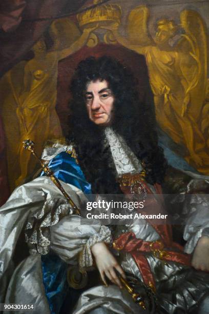 Circa 1680 portrait of England's King Charles II attributed to Thomas Hawker, is on display at the National Portrait Gallery in London, England....