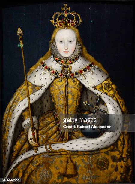 Circa 1600 portrait of England's Queen Elizabeth I by an unknown English artist on display at the National Portrait Gallery in London, England. The...