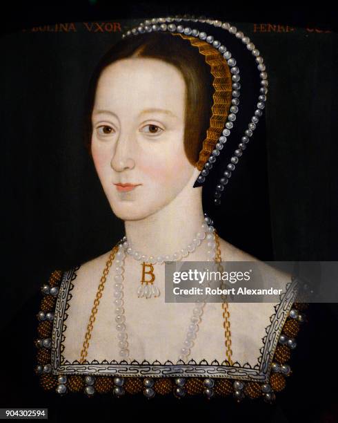 Late 16th century portrait of Anne Boleyn by an unknown artist on display at the National Portrait Gallery in London, England. Anne Boleyn was the...