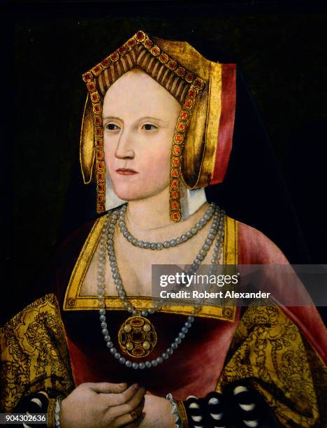 Circa 1520 portrait of Katherine of Aragon by an unknown artist on display at the National Portrait Gallery in London, England. British King Henry...