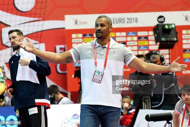 France's head coach Didier Dinart gestures during the preliminary round group B match of the Men's 2018 EHF European Handball Championship between...