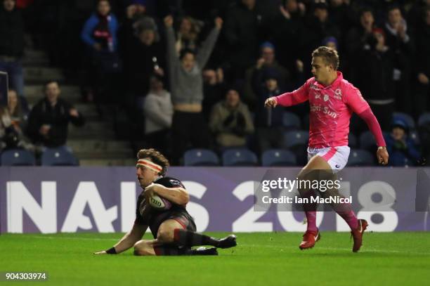 Hamish Watson of Edinburgh Rugby scores his team's first try during the European Rugby Challenge Cup match between Edinburgh and Stade Francais Paris...