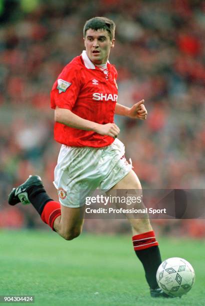 Roy Keane of Manchester United in action at Old Trafford, circa 1994.