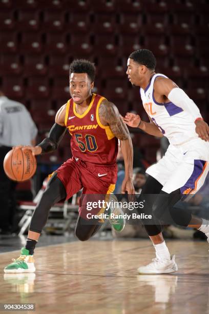 Kevin Olekaibe of the Canton Charge handles the ball against the Northern Arizona Suns during the G-League Showcase on January 12, 2018 at the...