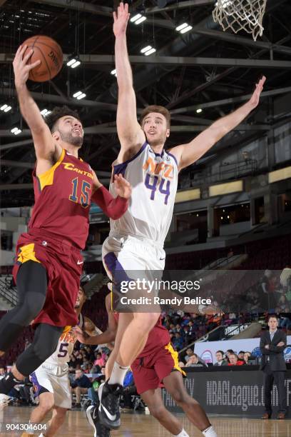 London Perrantes of the Canton Charge shoots the ball against Eric Stuteville of the Northern Arizona Suns during the G-League Showcase on January...