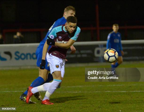 Marcus Browne of West Ham United in action with Sam Hughes of Leicester City during the Premier League 2 match between West Ham United and Leicester...