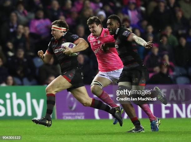 Hamish Watson of Edinburgh Rugby brakes away to score his team's first try during the European Rugby Challenge Cup match between Edinburgh and Stade...
