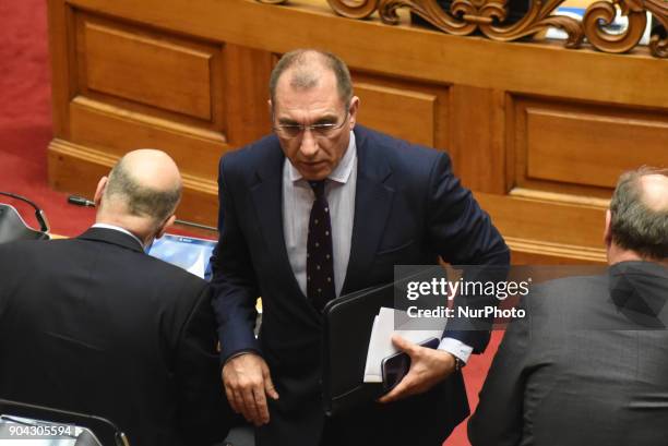 Alternate Speaker of Parliament Dimitris Kammenos at the Hellenic Parliament in Athens on January 12, 2018 during a discussion about an urgent draft...