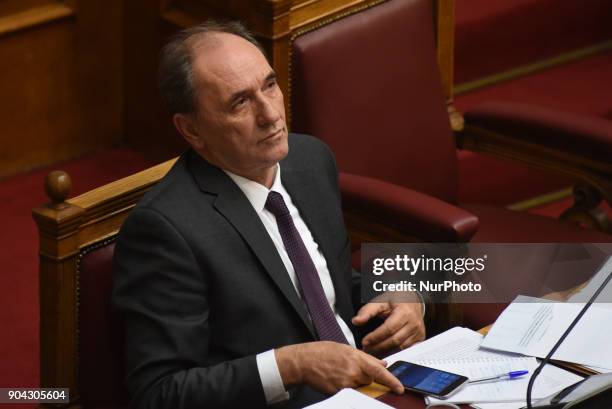 Giorgos Stathakis, Minister of Energy at the Hellenic Parliament in Athens on January 12, 2018 during a discussion about an urgent draft law for the...