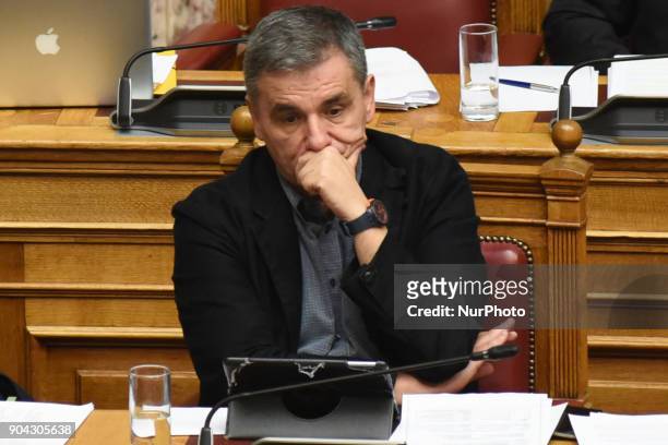 The Minister of Finance, Euclid Tsakalotos at the Hellenic Parliament in Athens on January 12, 2018 during a discussion about an urgent draft law for...