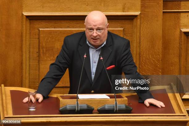 Dimitris Kavadelas, lawmaker of the Union of Centrists at the Hellenic Parliament in Athens on January 12, 2018 during a discussion about an urgent...