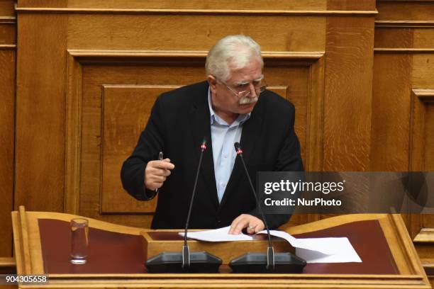 Lawmaker Christos Katsonis, communist party of Greece at the Hellenic Parliament in Athens on January 12, 2018 during a discussion about an urgent...