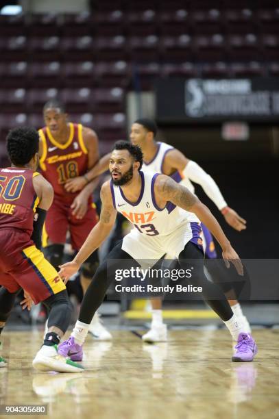 Xavier Silas of the Northern Arizona Suns defends against the Canton Charge during the G-League Showcase on January 12, 2018 at the Hershey Centre in...
