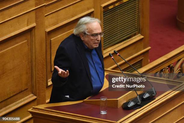 Lawmaker, Aristides Baltas at the Hellenic Parliament in Athens on January 12, 2018 during a discussion about an urgent draft law for the...