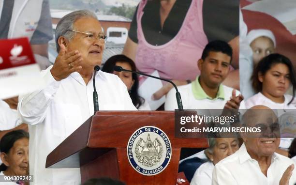 Salvadoran President Salvador Sanchez Ceren speaks during an event held to declare a municipality free of illiteracy in Ciudad Delgado, four km north...