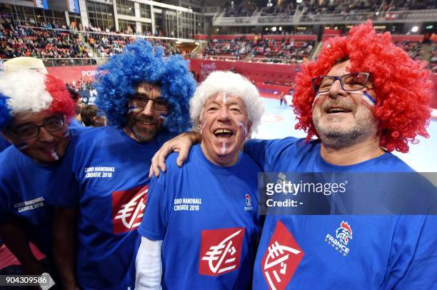 France's fans cheer during the preliminary round group B match of the Men's 2018 EHF European Handball Championship between France and Norway in...