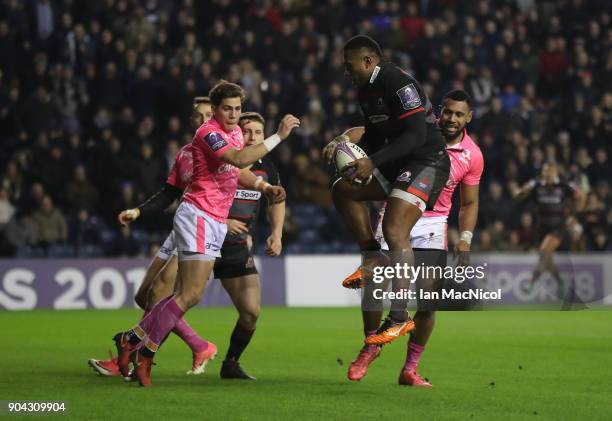 Junior Rasolea of Edinburgh Rugby score his team's third try during the European Rugby Challenge Cup match between Edinburgh and Stade Francais Paris...