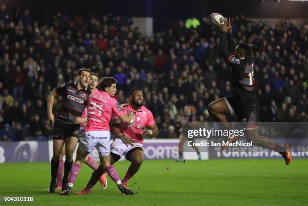 Junior Rasolea of Edinburgh Rugby score his team's third try during the European Rugby Challenge Cup match between Edinburgh and Stade Francais Paris...